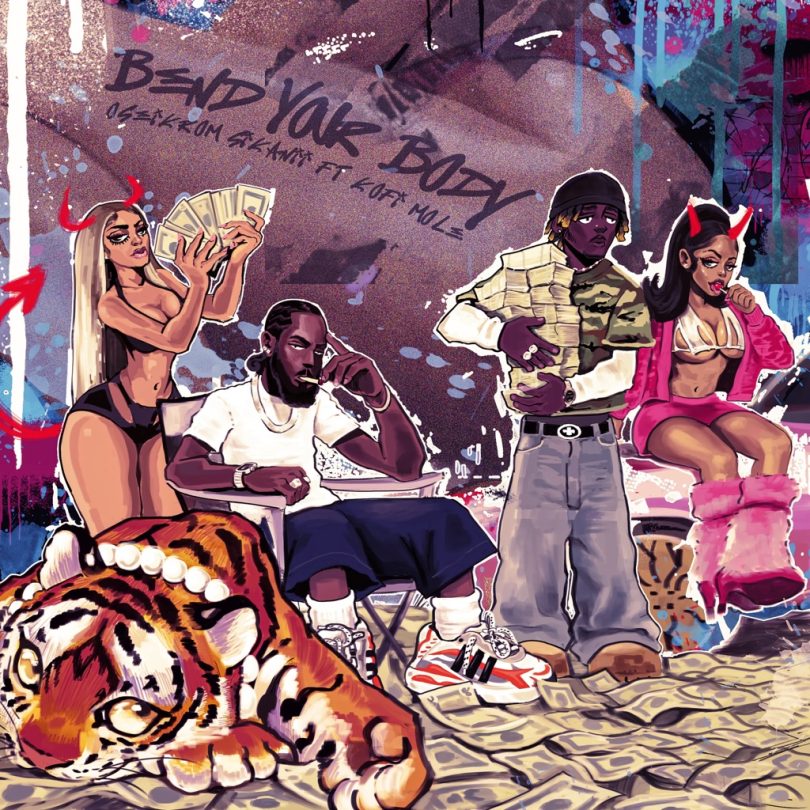 Cover art for Oseikrom Sikanii - Bend Your Body Ft. Kofi Mole featuring both Ghanaian artists in a vibrant, party-themed design that reflects energy, dance, and the lively Afrobeat vibe of the song.